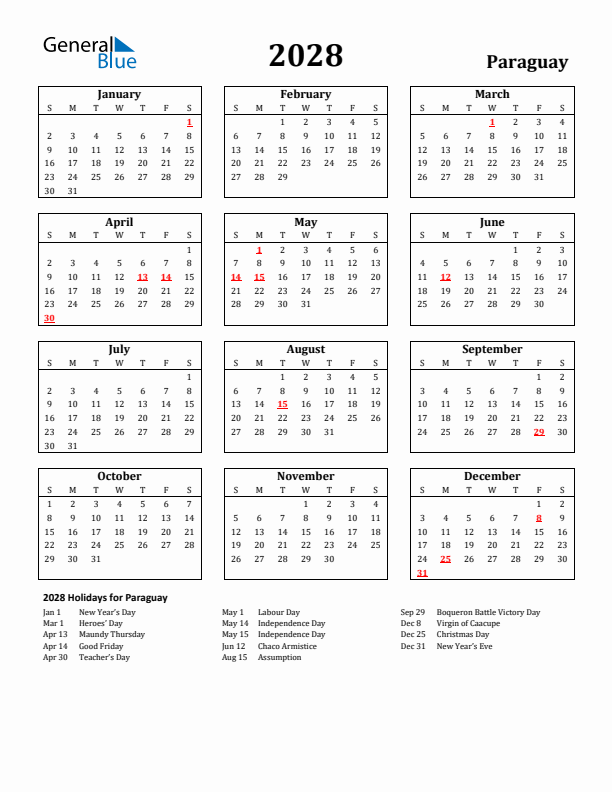 2028 Paraguay Holiday Calendar - Sunday Start