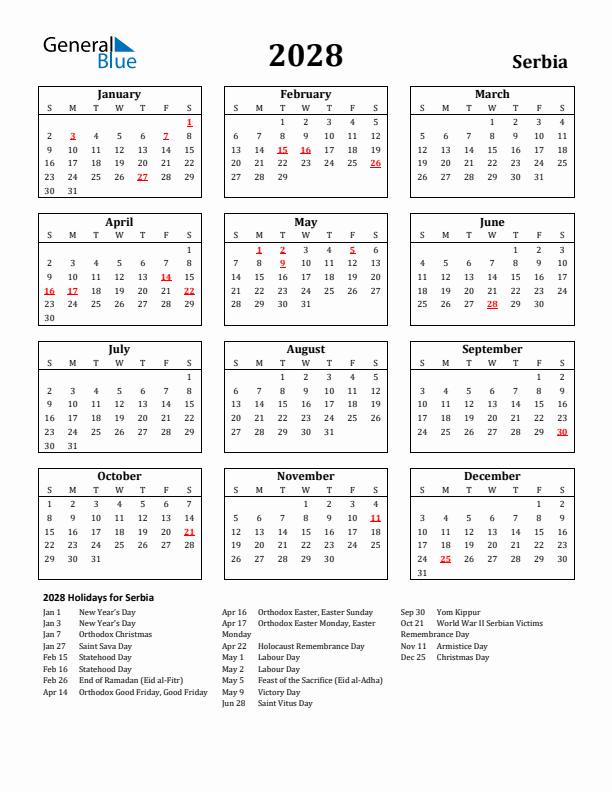 2028 Serbia Holiday Calendar - Sunday Start