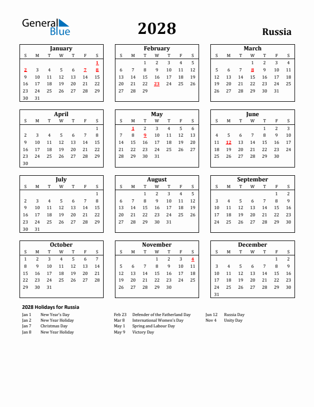 2028 Russia Holiday Calendar - Sunday Start