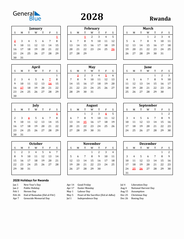 2028 Rwanda Holiday Calendar - Sunday Start