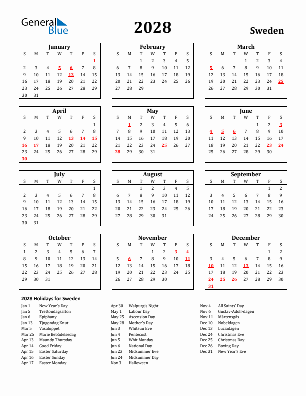 2028 Sweden Holiday Calendar - Sunday Start