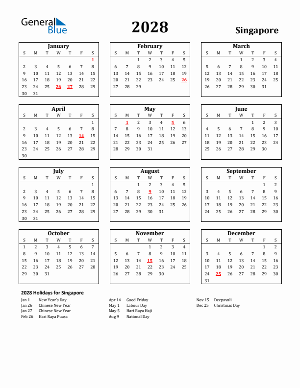 2028 Singapore Holiday Calendar - Sunday Start