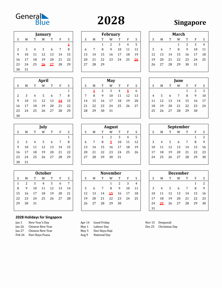 Free Printable 2028 Singapore Holiday Calendar