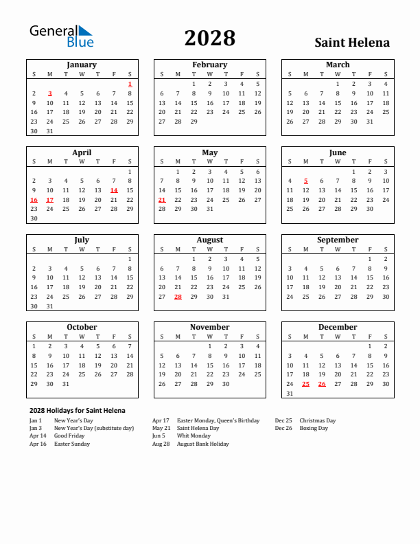 2028 Saint Helena Holiday Calendar - Sunday Start