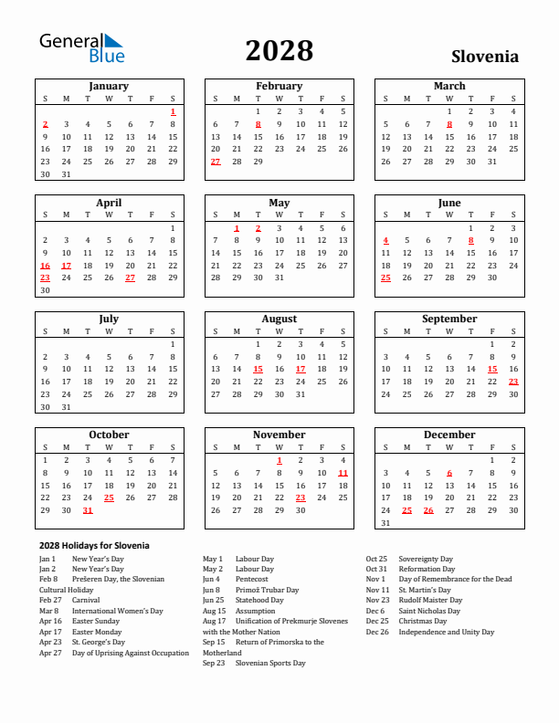 2028 Slovenia Holiday Calendar - Sunday Start