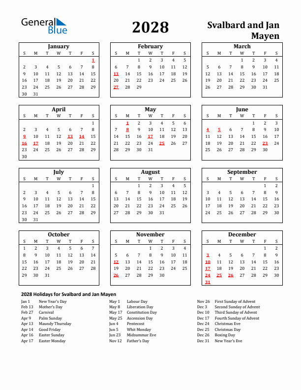 2028 Svalbard and Jan Mayen Holiday Calendar - Sunday Start