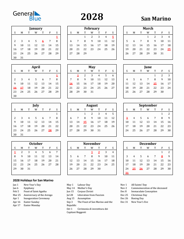 2028 San Marino Holiday Calendar - Sunday Start