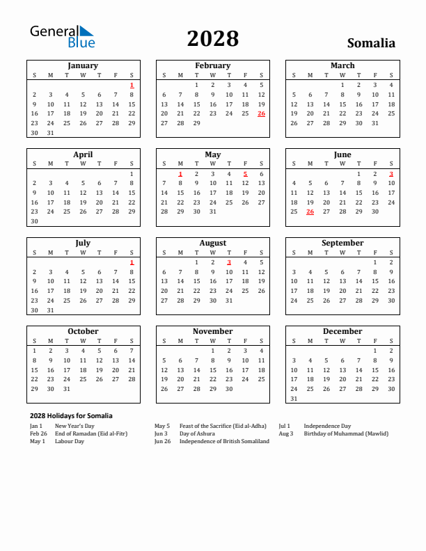 2028 Somalia Holiday Calendar - Sunday Start