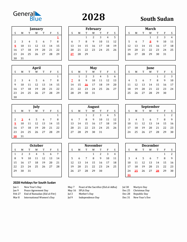 2028 South Sudan Holiday Calendar - Sunday Start