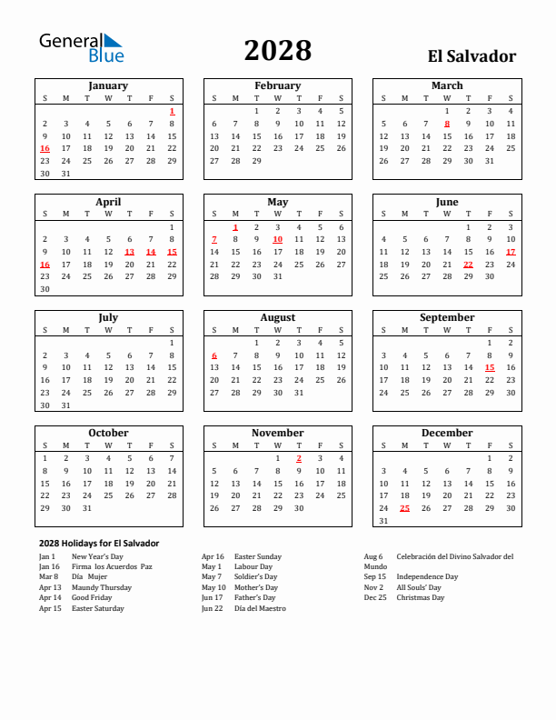 2028 El Salvador Holiday Calendar - Sunday Start