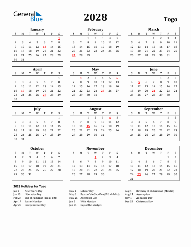 2028 Togo Holiday Calendar - Sunday Start