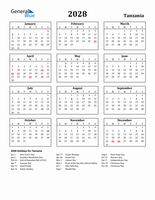 2028 Tanzania Holiday Calendar - Sunday Start
