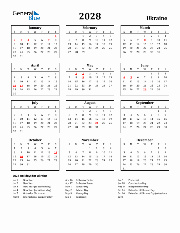2028 Ukraine Holiday Calendar - Sunday Start