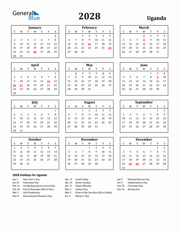 2028 Uganda Holiday Calendar - Sunday Start