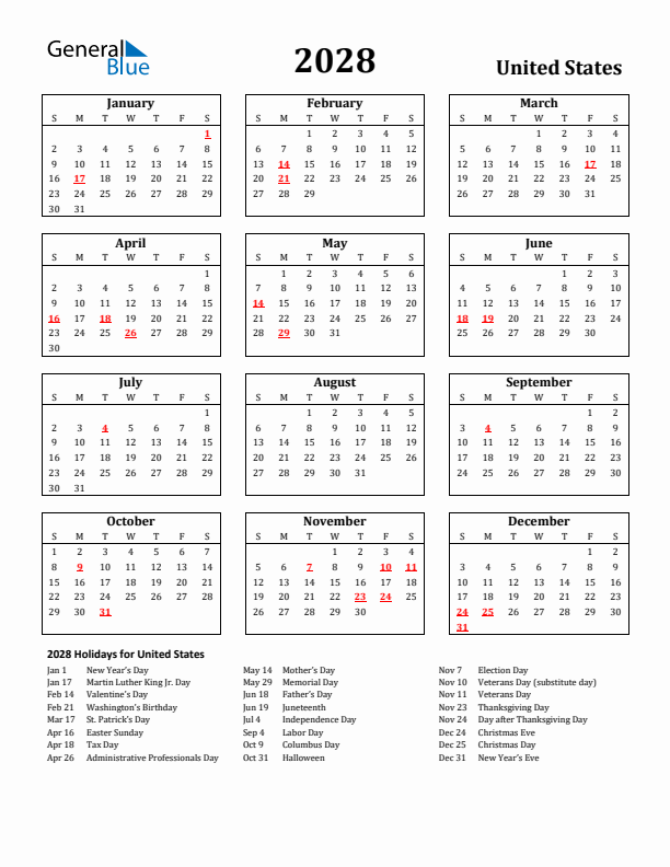 2028 United States Holiday Calendar - Sunday Start