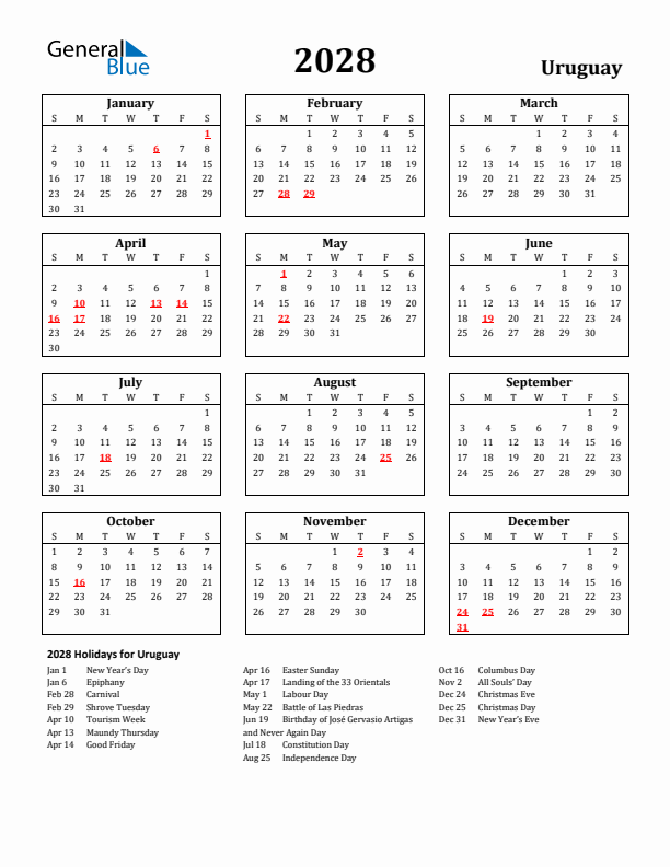 2028 Uruguay Holiday Calendar - Sunday Start