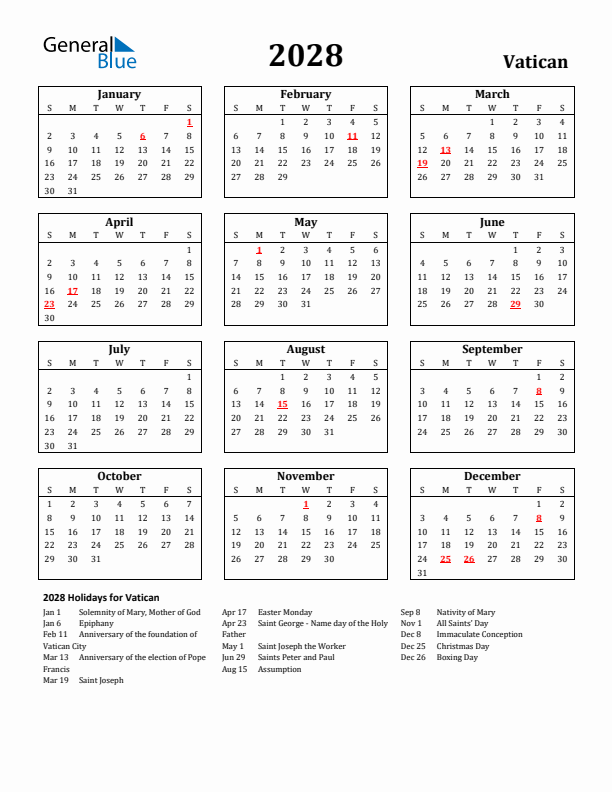 2028 Vatican Holiday Calendar - Sunday Start