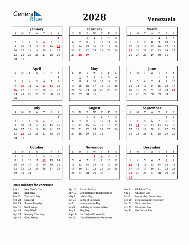 2028 Venezuela Holiday Calendar - Sunday Start
