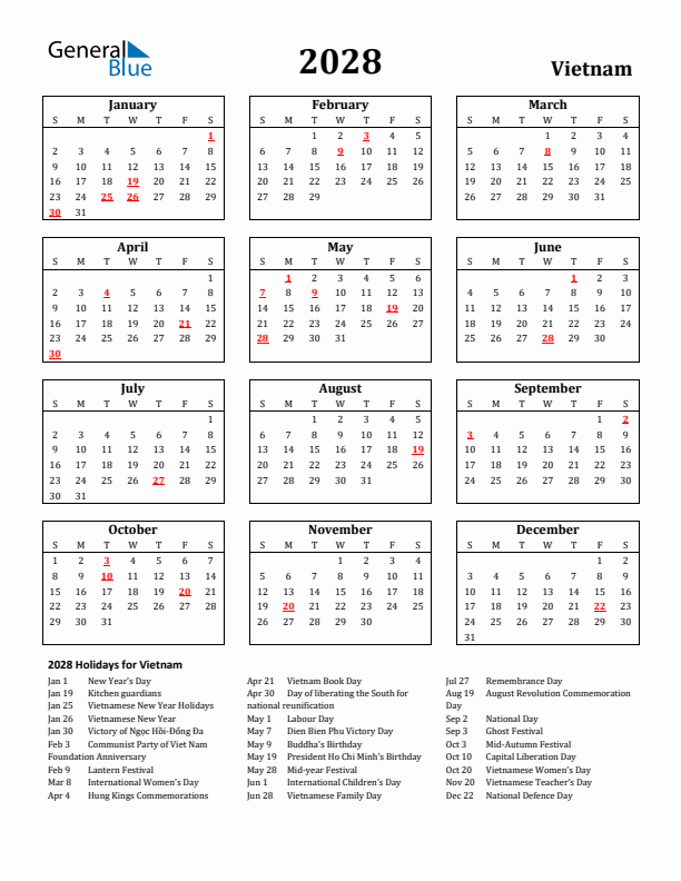2028 Vietnam Holiday Calendar - Sunday Start