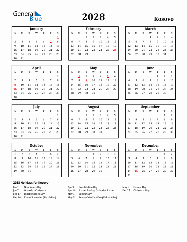 2028 Kosovo Holiday Calendar - Sunday Start