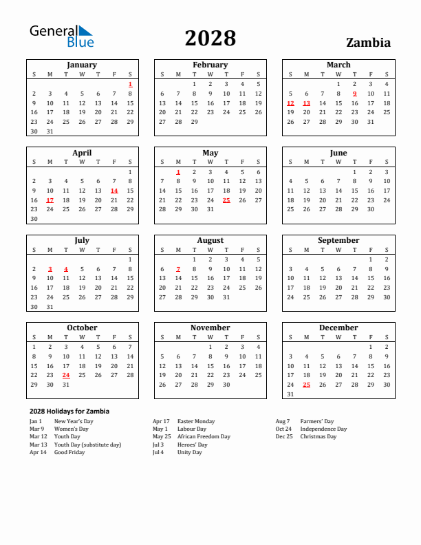 2028 Zambia Holiday Calendar - Sunday Start