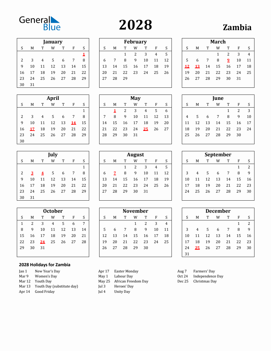 Free Printable 2028 Zambia Holiday Calendar