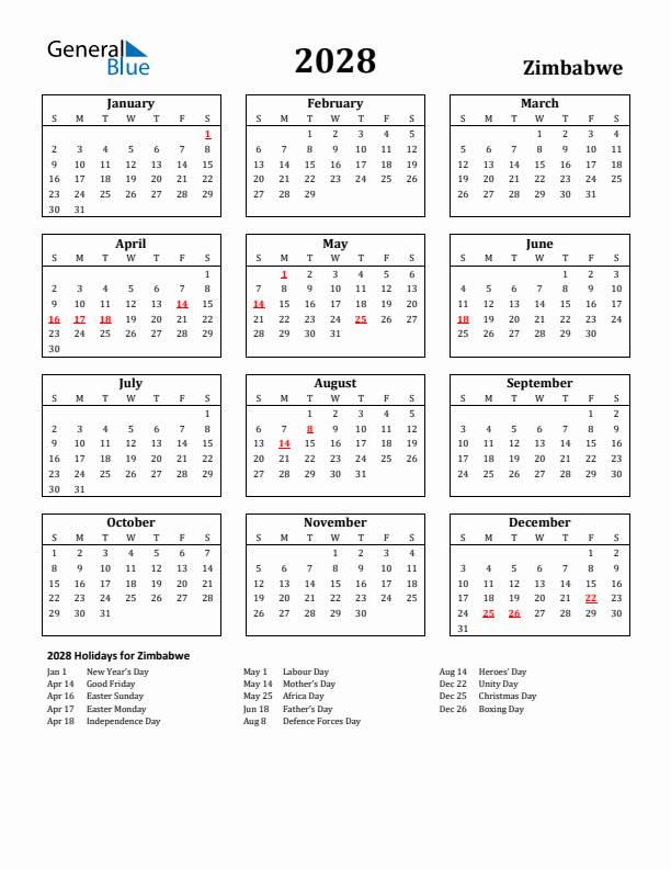 2028 Zimbabwe Holiday Calendar - Sunday Start