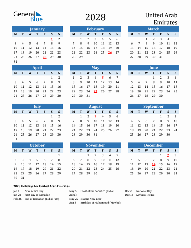 Printable Calendar 2028 with United Arab Emirates Holidays (Monday Start)