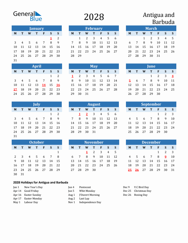 Printable Calendar 2028 with Antigua and Barbuda Holidays (Monday Start)