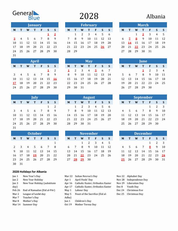 Printable Calendar 2028 with Albania Holidays (Monday Start)