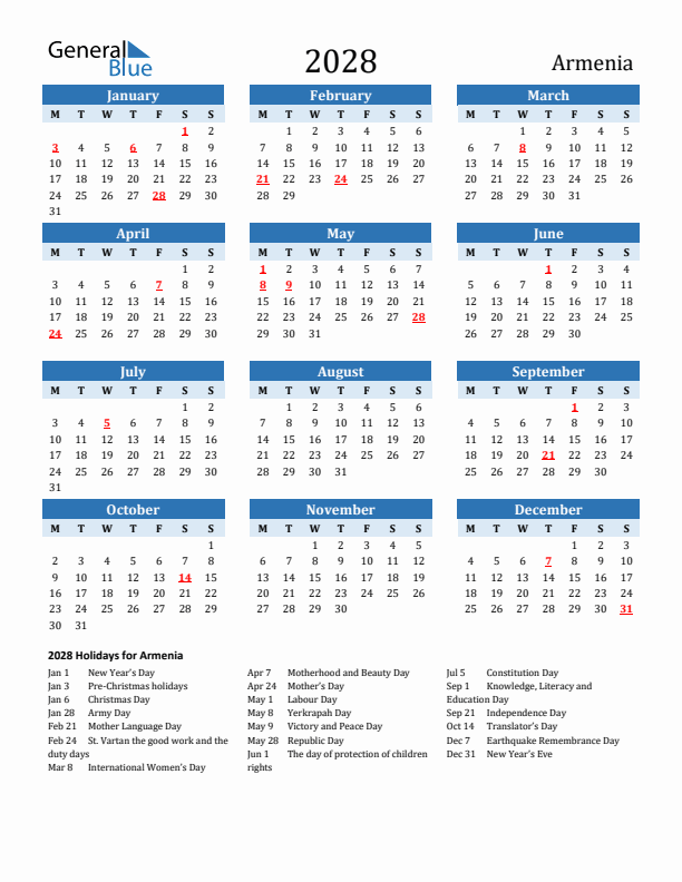 Printable Calendar 2028 with Armenia Holidays (Monday Start)
