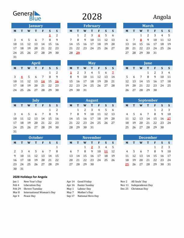 Printable Calendar 2028 with Angola Holidays (Monday Start)