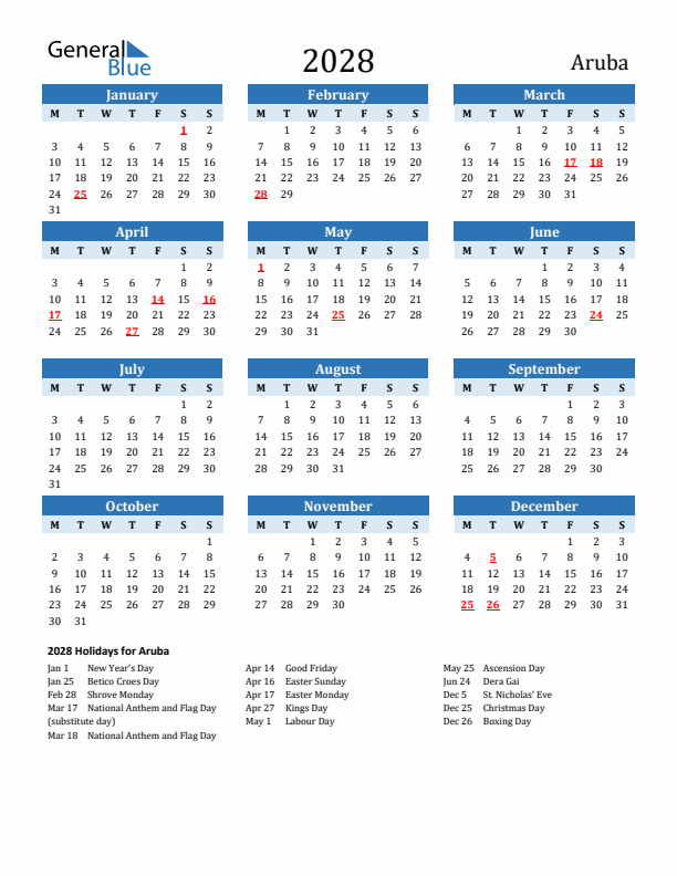 Printable Calendar 2028 with Aruba Holidays (Monday Start)
