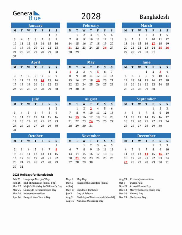 Printable Calendar 2028 with Bangladesh Holidays (Monday Start)