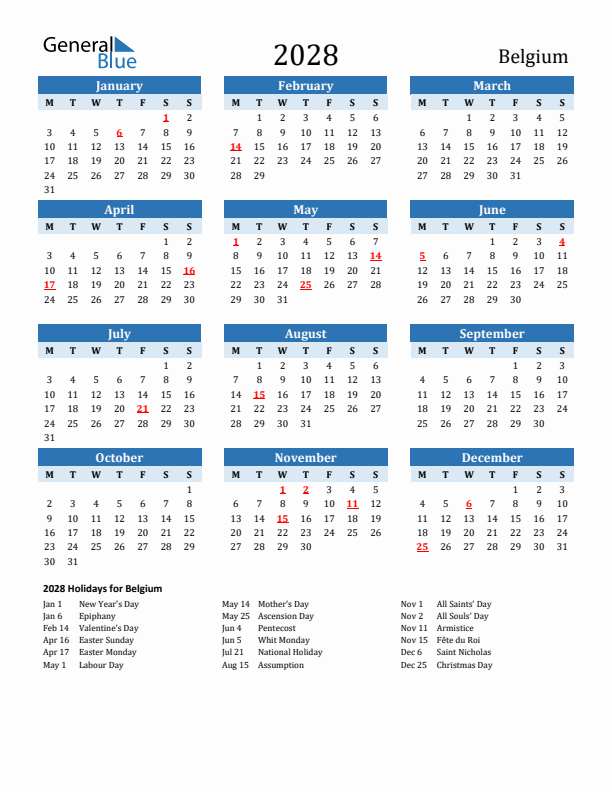 Printable Calendar 2028 with Belgium Holidays (Monday Start)