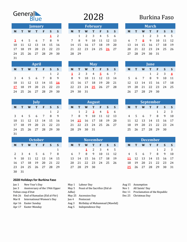 Printable Calendar 2028 with Burkina Faso Holidays (Monday Start)