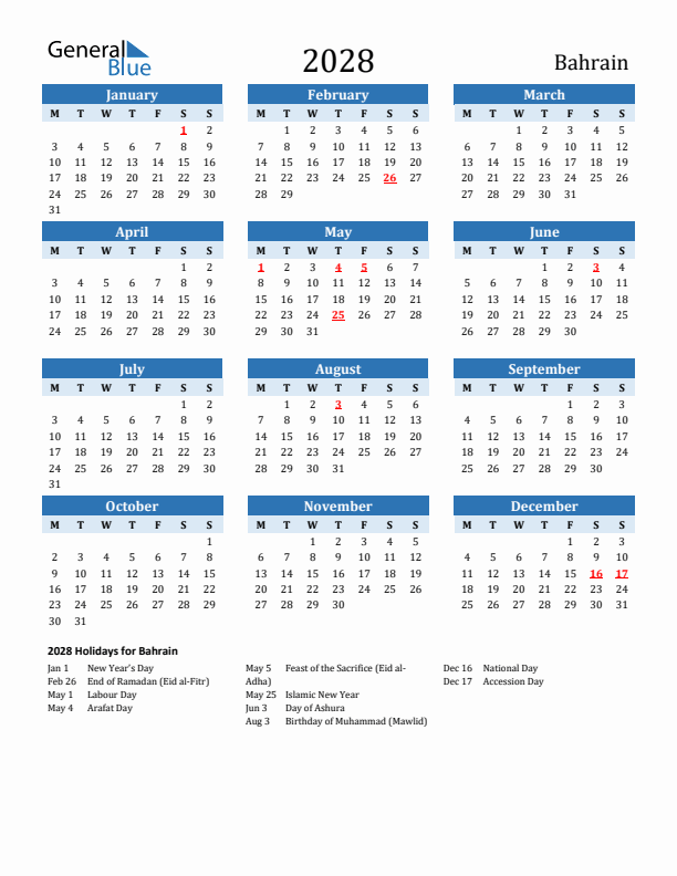Printable Calendar 2028 with Bahrain Holidays (Monday Start)