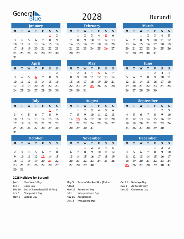 Printable Calendar 2028 with Burundi Holidays (Monday Start)