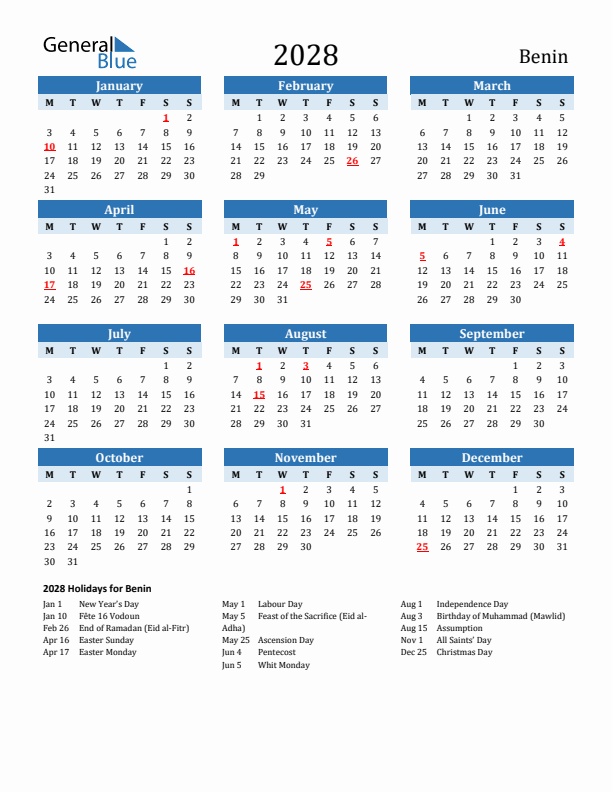 Printable Calendar 2028 with Benin Holidays (Monday Start)