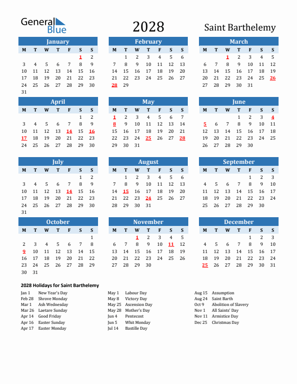 Printable Calendar 2028 with Saint Barthelemy Holidays (Monday Start)