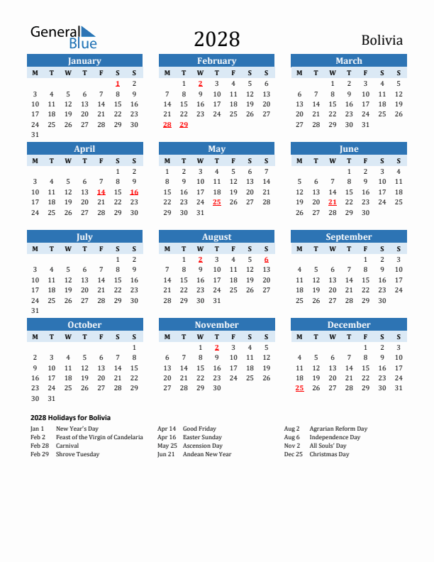 Printable Calendar 2028 with Bolivia Holidays (Monday Start)