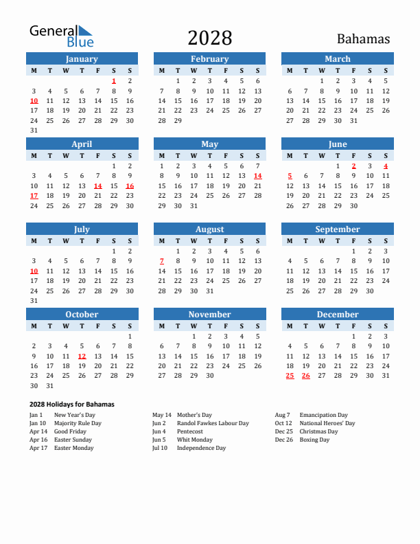 Printable Calendar 2028 with Bahamas Holidays (Monday Start)