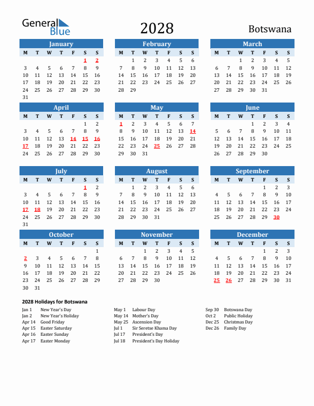 Printable Calendar 2028 with Botswana Holidays (Monday Start)