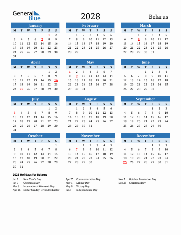 Printable Calendar 2028 with Belarus Holidays (Monday Start)
