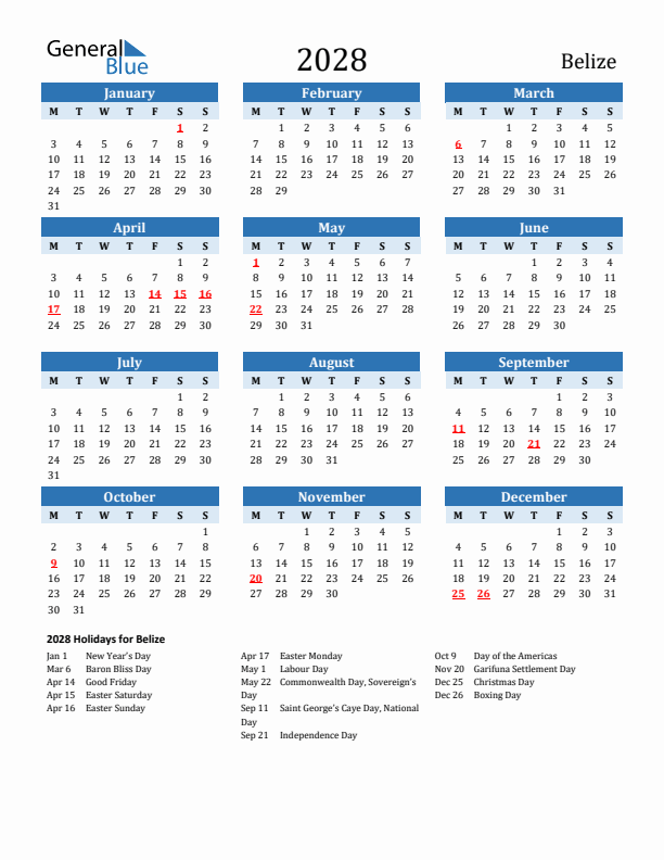 Printable Calendar 2028 with Belize Holidays (Monday Start)