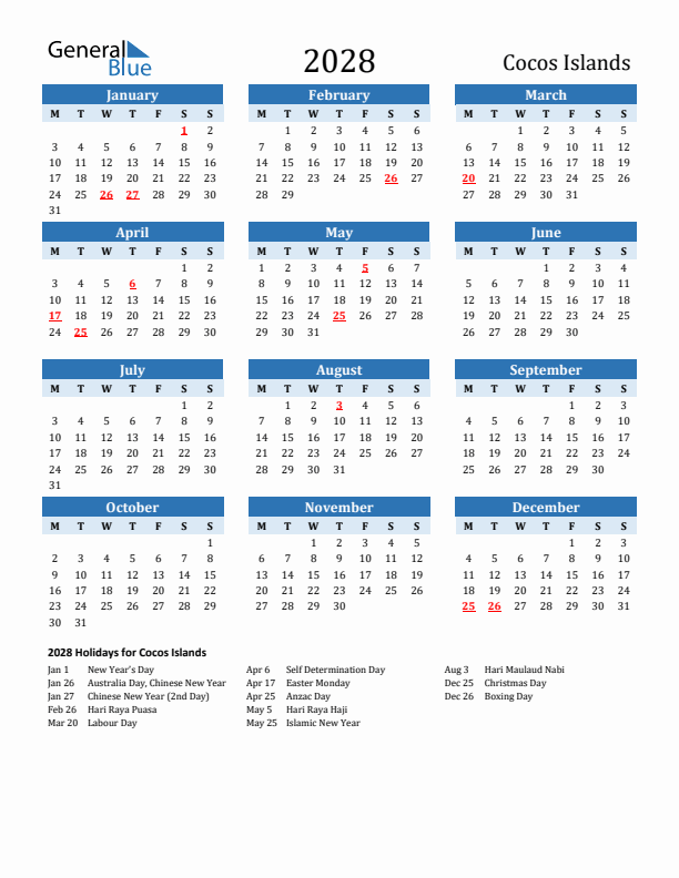 Printable Calendar 2028 with Cocos Islands Holidays (Monday Start)