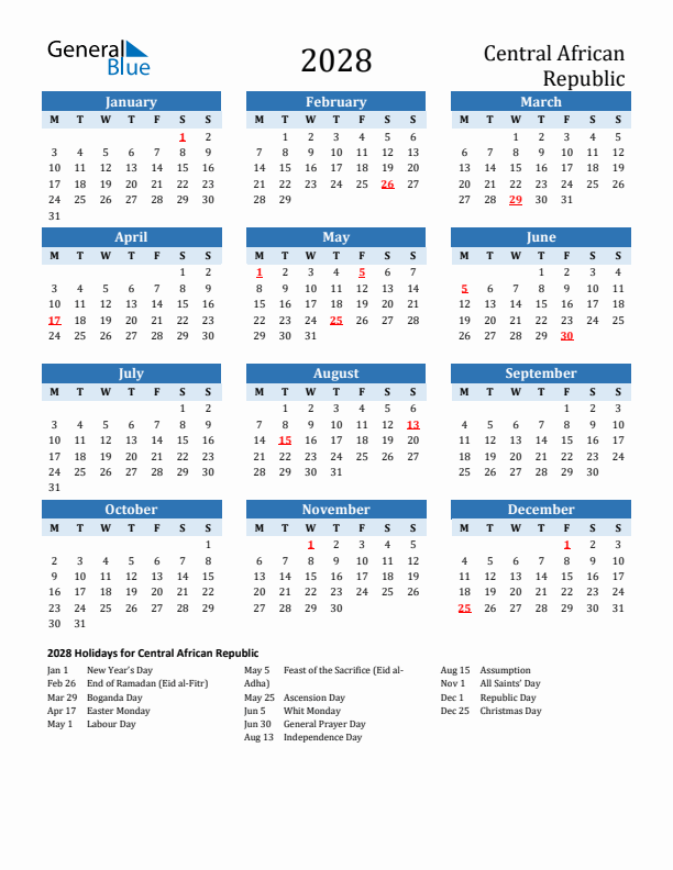 Printable Calendar 2028 with Central African Republic Holidays (Monday Start)