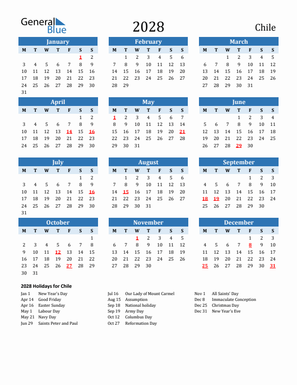 Printable Calendar 2028 with Chile Holidays (Monday Start)
