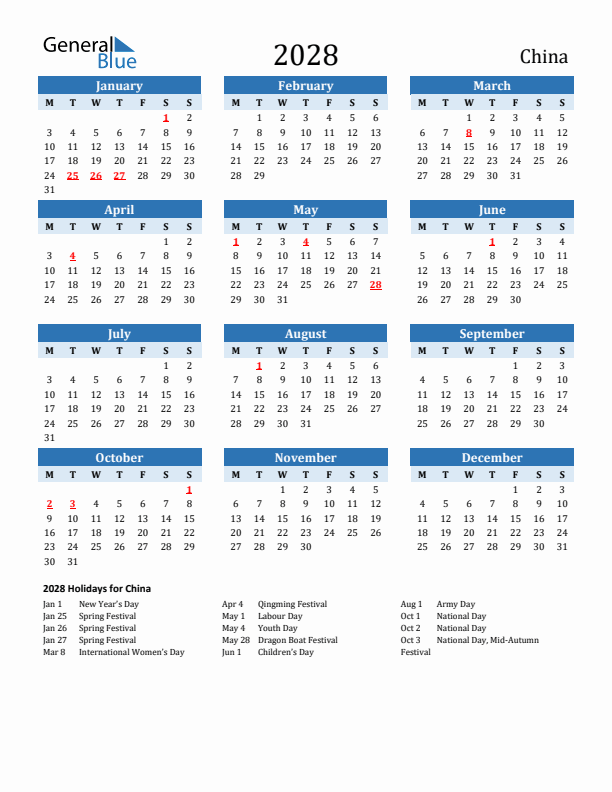 Printable Calendar 2028 with China Holidays (Monday Start)