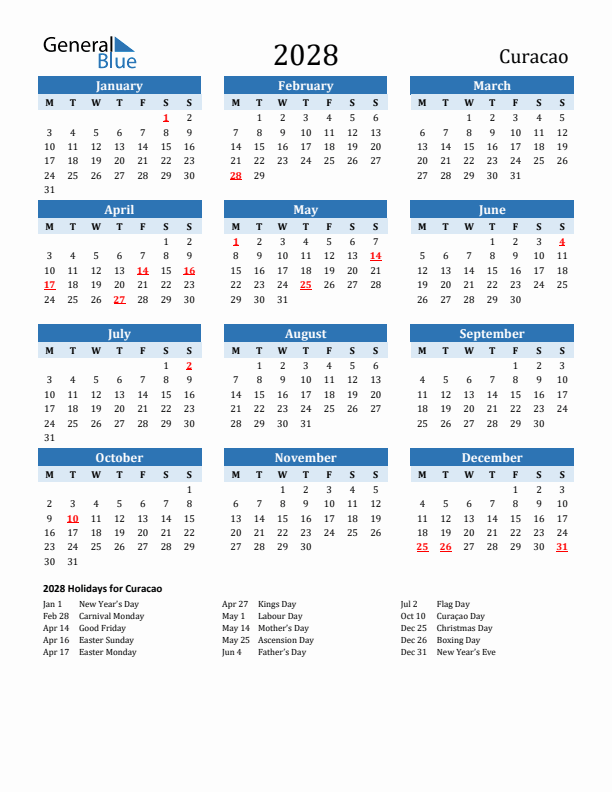 Printable Calendar 2028 with Curacao Holidays (Monday Start)